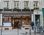 Paris Photography - Le Marais Boulangerie - Fine art travel photography - windowboxes, bikes, street scene - grey, brown, teal