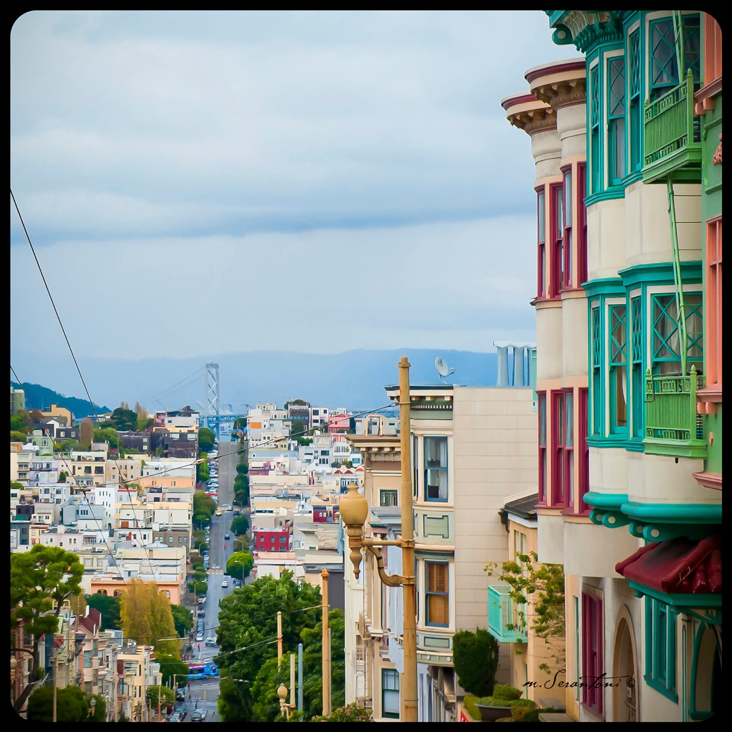 20 x 20 large art print - Painted Ladies over Lombard St. - San Francisco - Fine art travel photography - kelly green, burgundy, blue