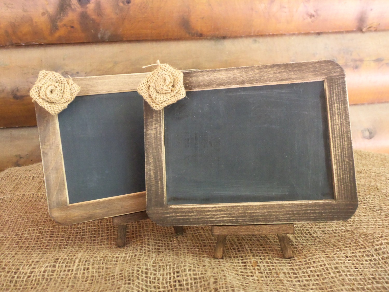 Rustic Chic CHALKBOARD Signs with Matching Easels - SET of 2 - 4x6 Size with Cute Burlap Flower - Natural or Rustic Stain