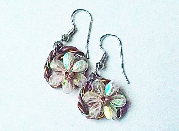 Wire Coiled Flower Copper Earrings.