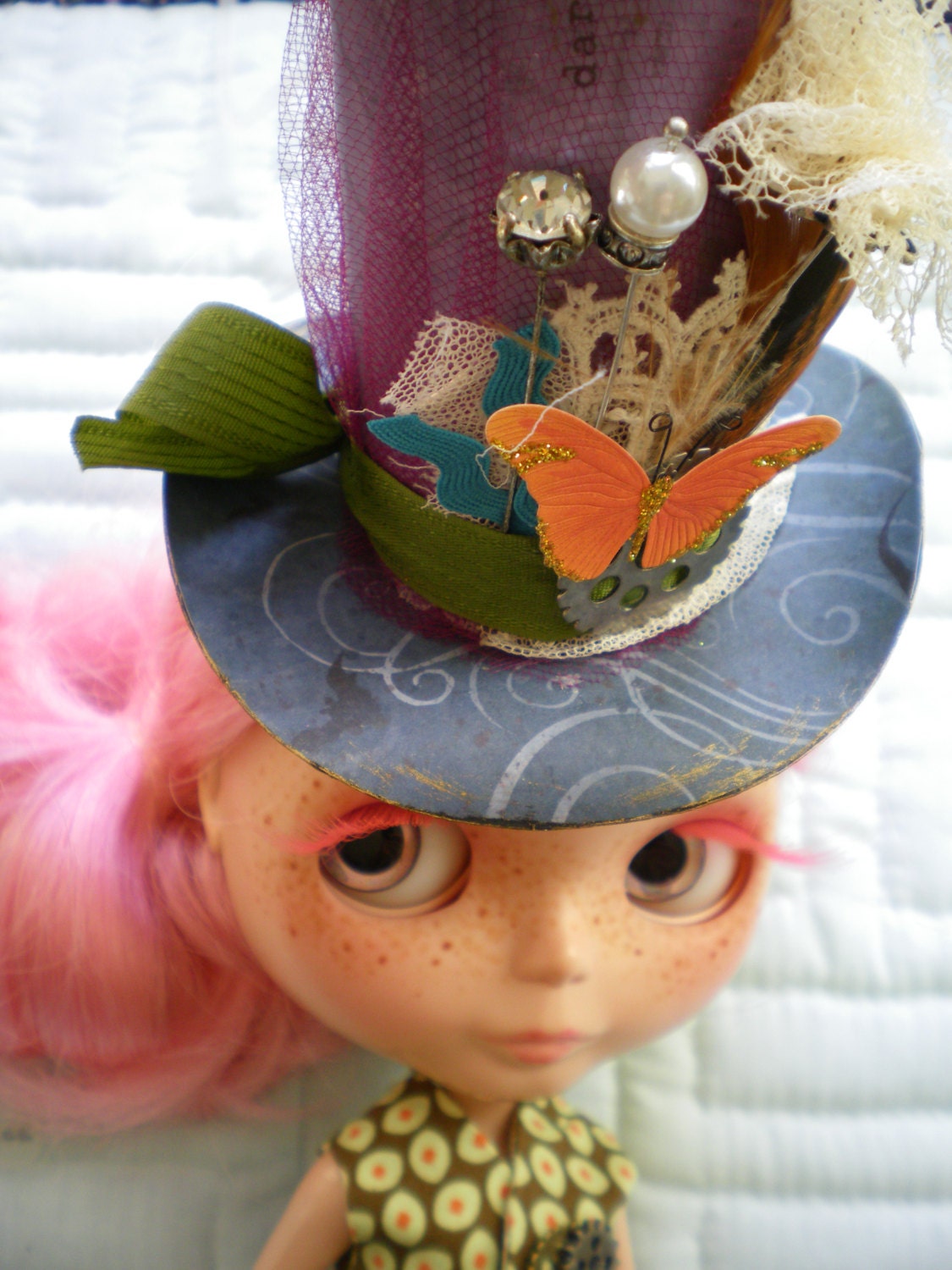 Steampunk style Hat for Blythe doll cardboard paper Butterfly vintage Lace TIES