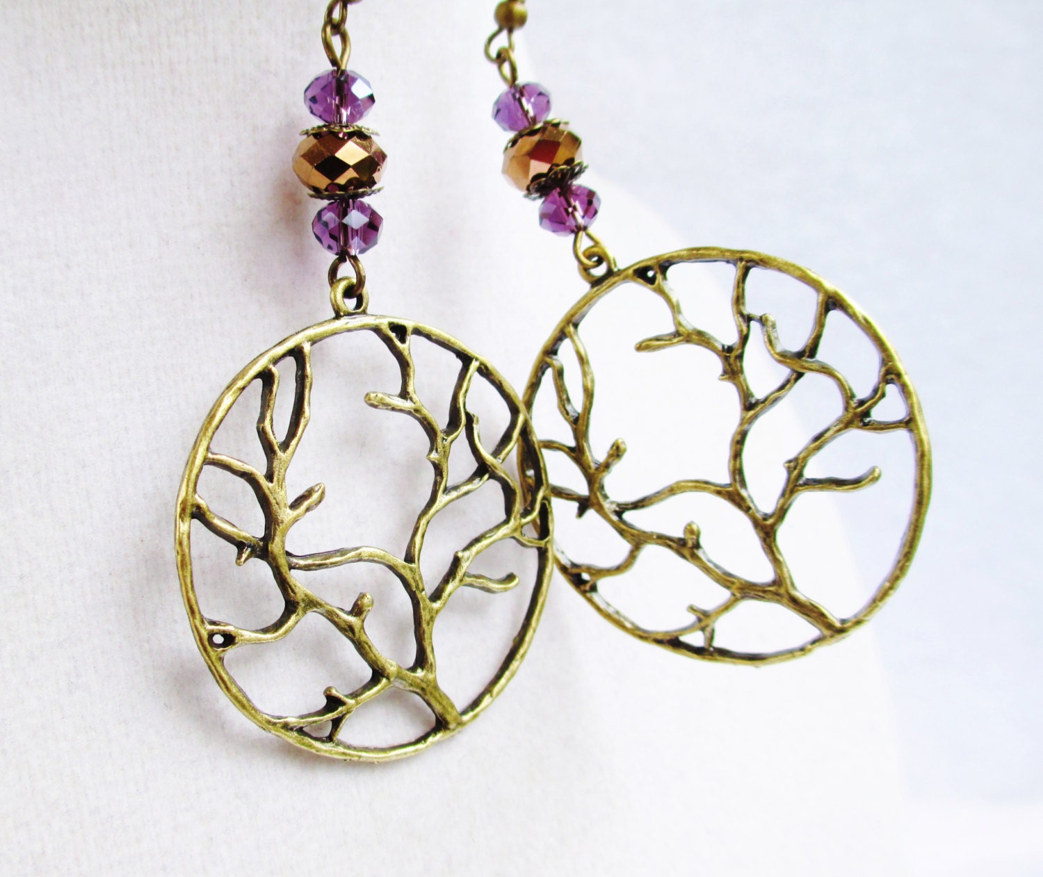 Long Boho Tree Earrings With Purple & Bronze Crystals