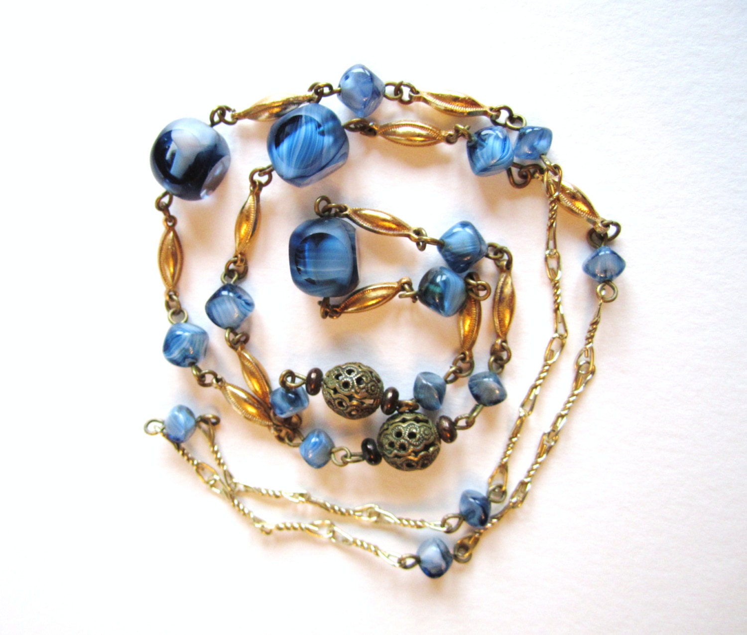 Vintage art deco necklace, Venetian glass necklace, Murano glass necklace, art deco necklace, filigree, blue