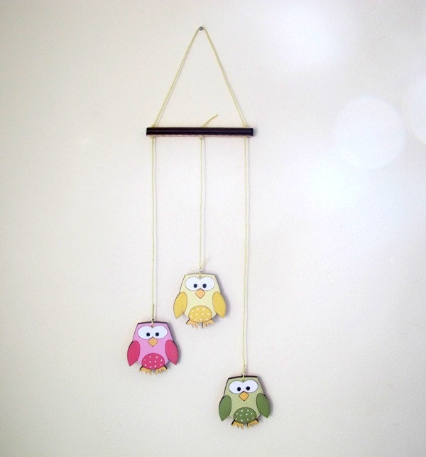 Mobile - nursery mobile ,Set of 3 wooden owls- green yellow and pink owls-baby mobile, animal colorful happy mobile