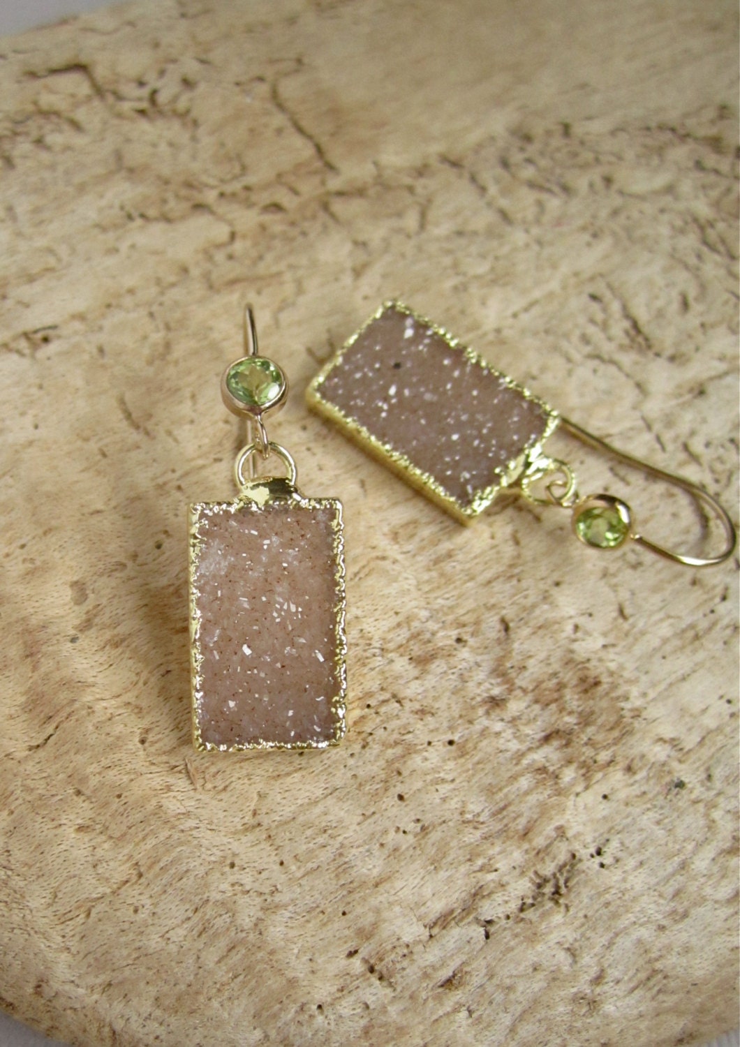 Druzy Earrings Drusy Quartz Tags Peridot Bezel Set 14K Gold Fill