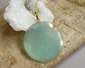 ON SALE Sea Green Chalcedony Necklace Bezel Set 28" Long 14K Gold Fill Open Link Chain
