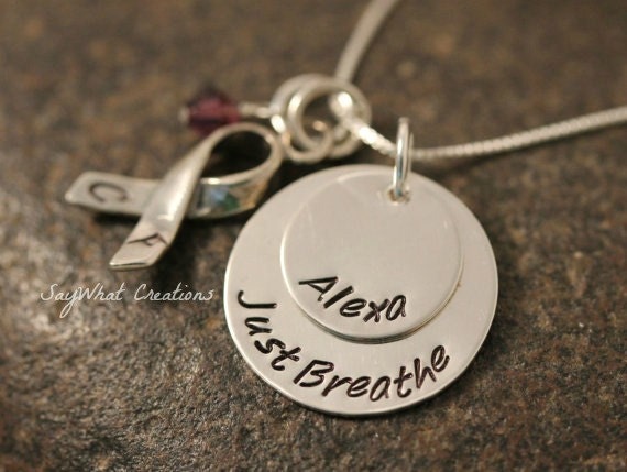 Custom Hand Stamped Sterling Silver Cystic Fibrosis CF Awareness Necklace Just Breathe