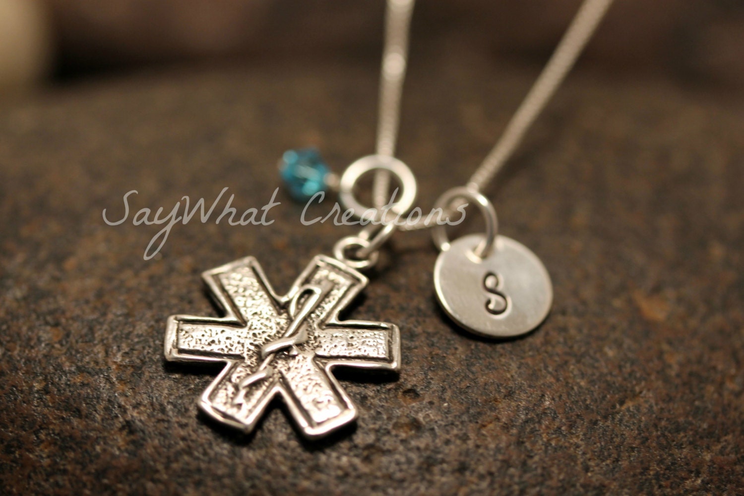 Hand Stamped Mini Initial Sterling Silver Medical Star of Life Paramedic Charm Necklace