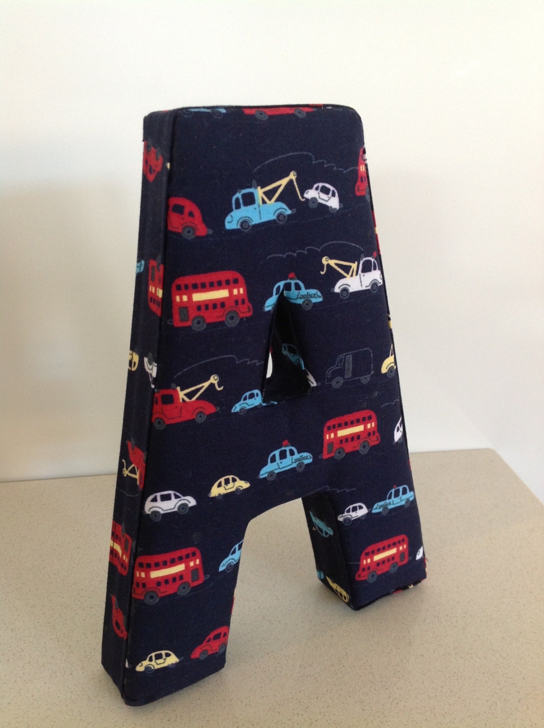 Wall Art - Personalised Fabric Letter A in Navy with cars, buses
