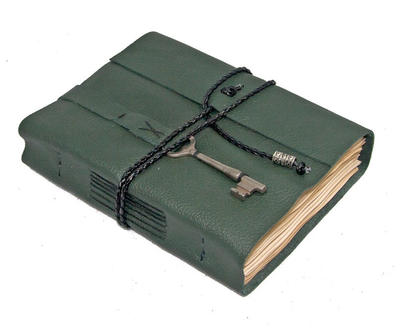 Green Leather Journal with Tea Stained Paper and Skeleton Key Bookmark