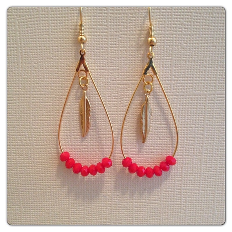 Red Bead Feather Hoop Earrings