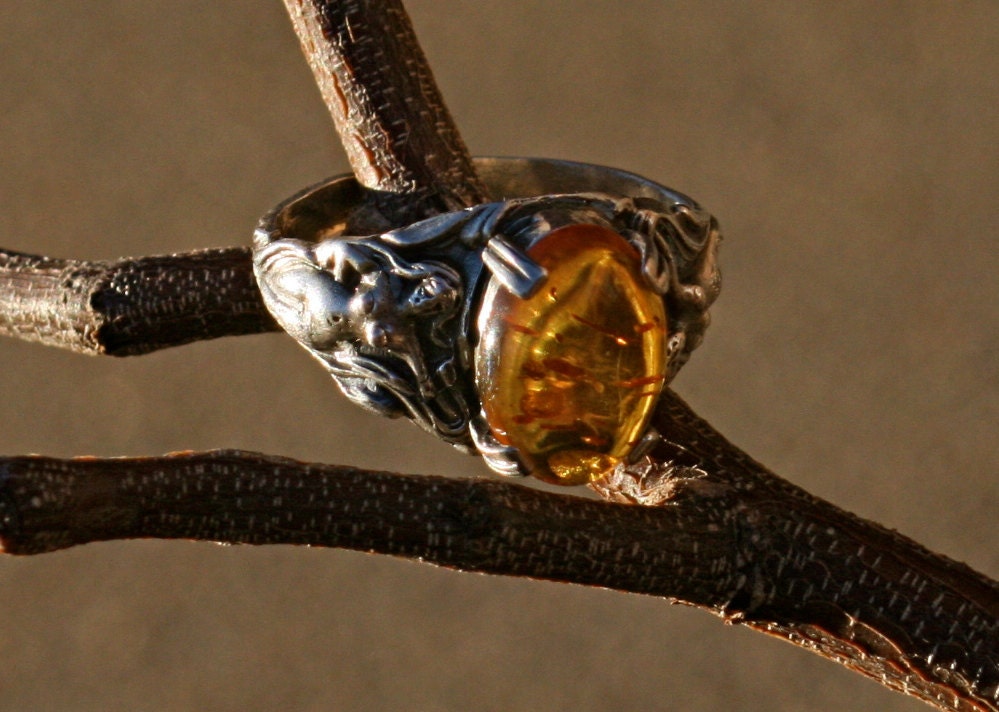 Sterling silver Natural Baltic Amber Ring Art Nouveau Nude lady woman figures Antique vintage style handmade re-carved