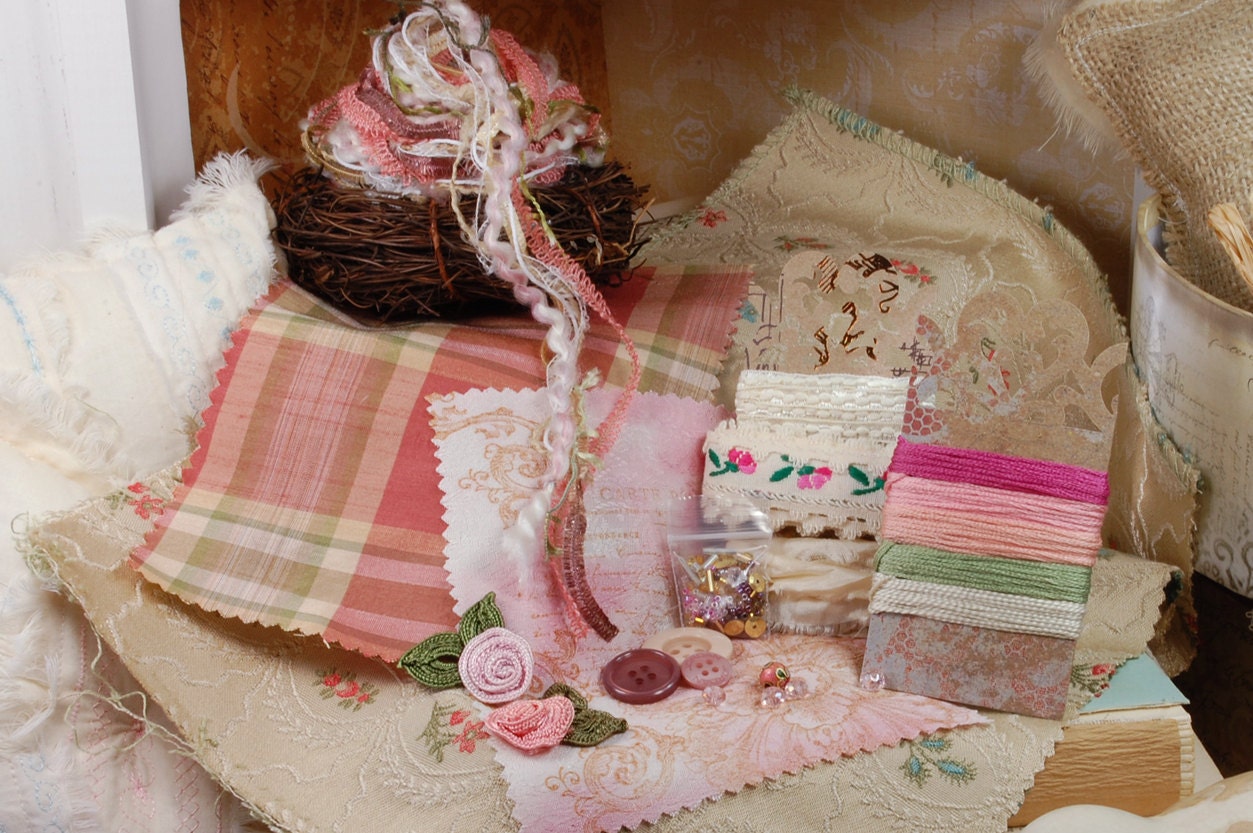 Tea Cake - Tidbits and Samplings. No.6. in Creams, Pink, Salmon, and hints of blue and sage green. Inspiration kit. Embellishment kit. OOAK