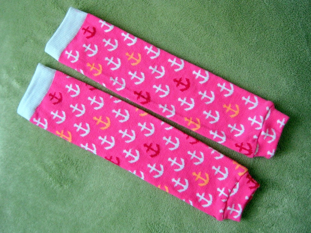 Baby Leg Warmers - Hot Pink with Magenta, Orange and White Anchors, baby legs, baby girl, baby shower gift, arm warmers