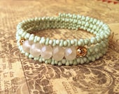 Mint Beaded Wrap Bracelet - Cuff Bracelet - Gold - Nautical