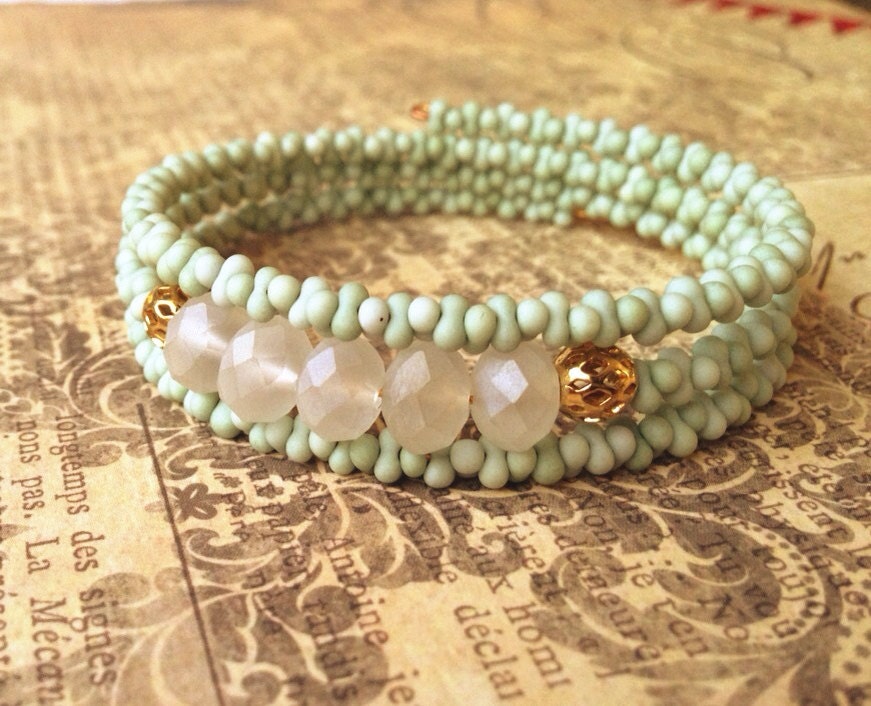 Mint Beaded Wrap Bracelet - Cuff Bracelet - Gold - Nautical