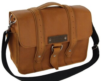 SALE 14" Leather Laptop Bag New: Bourbon Color - Voyager Style  - Handmade in the U.S.A. -