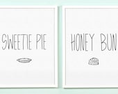 Two 8x10 matching prints. Honey Bun and Sweetie Pie. Hand Drawn. Black and White