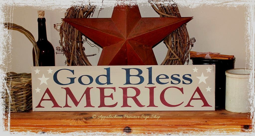 God Bless America with Stars -WOOD SIGN- Home Decor Summer Independence Day Americana Wall Hanging