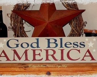 God Bless America with Stars -WOOD SIGN- Home Decor Summer Independence Day Americana Wall Hanging