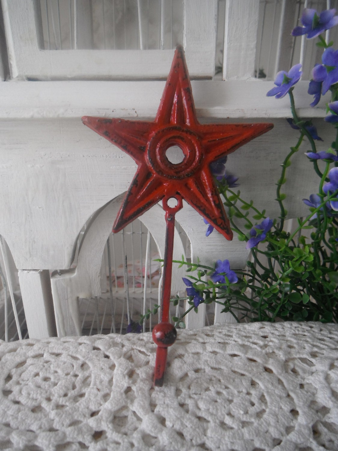 red wall hook nautical star beach house decor key holder distressed american rustic star shabby cottage chic childrens room hanger decor