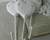 trio cast iron wall hook hearts white rustic heart hooks shabby chic French country white whimsical hooks childrens hooks country chic