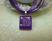 Follow Your Heart Purple Scrabble Tile Necklace on Ribbon or Ball Chain
