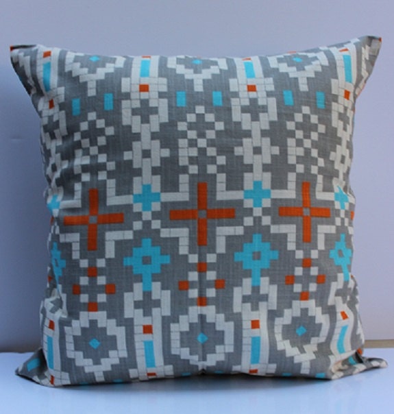Gray, Orange, Blue and White Mosaic Tile Pattern Pillow Cover - 18 Inch - Fun and Trending Pattern Mixes with Variety of Decor and Colors