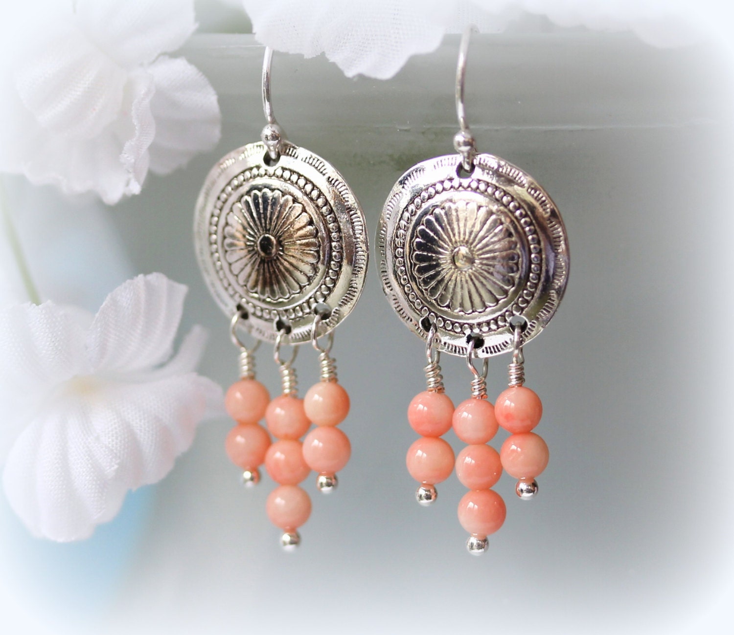 Peach Coral Concho Earrings, Chandelier Earrings, Drop Earrings, Dangle Earrings, Silver Earrings, Bridal Jewelry, Mother's Day Jewelry