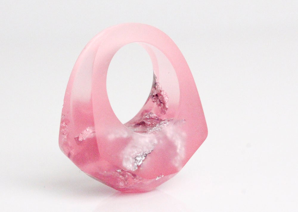 bright pink size 6.5 eco resin faceted ring with silver leaf