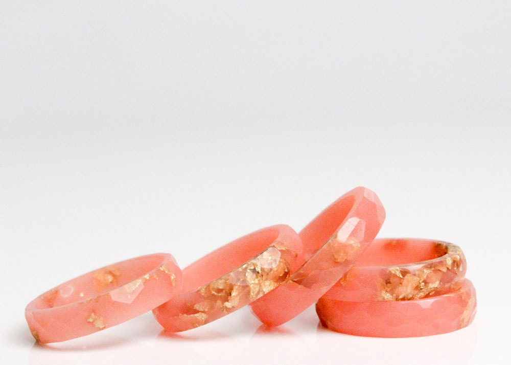coral with gold leaf size 8 thin multifaceted eco resin ring