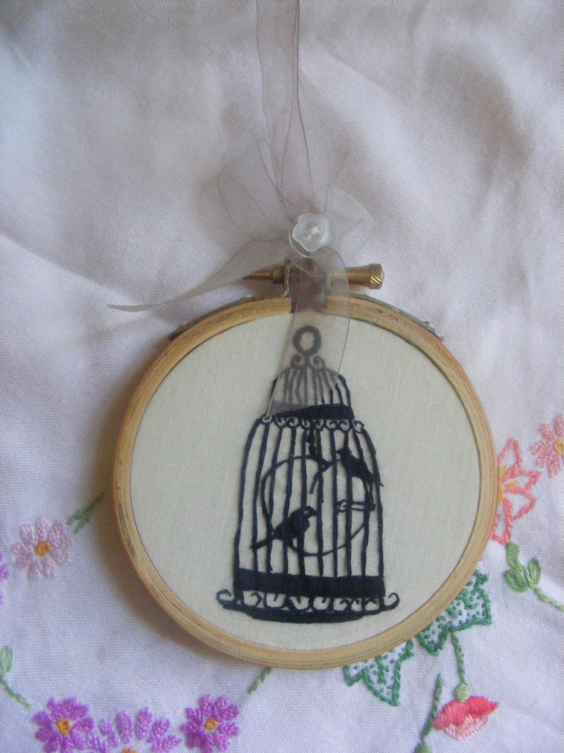 Hand embroidery Shabby chic bird cage hoop art. Hand stitched black work