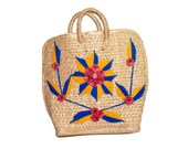 1970s Embroidered Wicker Straw Tote Bag Purse - Great Boho Hippie Style