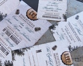 NEW Rustic, Burlap, Wood and Pine Cones Wedding Invitation set with Trees. Custom colors, font styles and wording... FREE