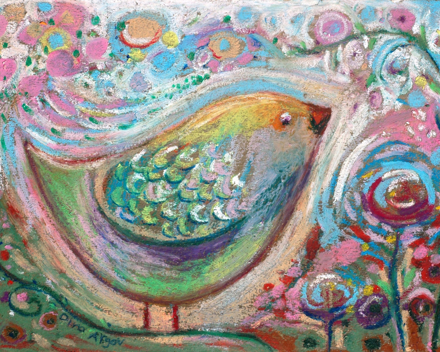 Little Bird - 8 x 10 inch folk print - whimsical oil pastels