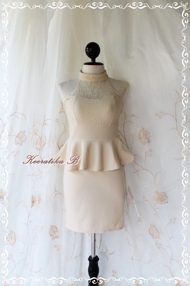 Lady In Beige - Gorgeous Bandage Dress Lacy Top Halter Creamy Beige Color Party Cocktail Dinner Prom Wedding Dress XS-S