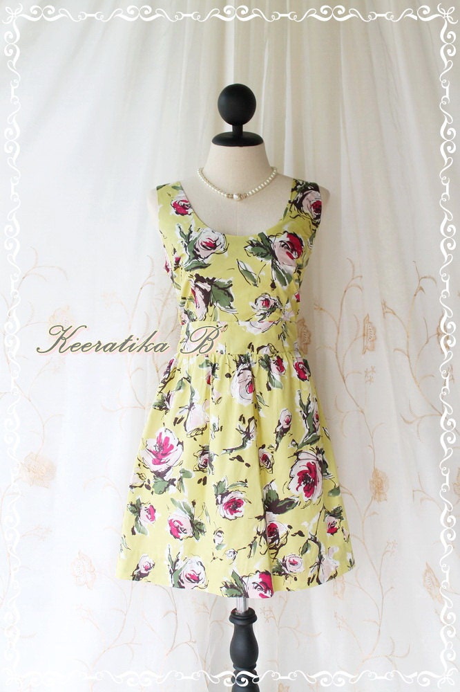 Jazzie lll - Cutie Floral Spring Summer Dress Lemonade Yellow Background With Painting Floral Print All Over Sleeveless Party Floral Dress