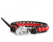 Vintage - Inspired Deep Red Beaded Black Leather Wrap Bracelet - the lucky elephant Original with Faceted Crystals