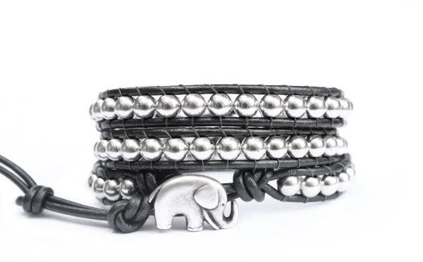 Black and Silver Rock and Roll Beaded Leather Wrap Bracelet - the lucky elephant Original with Natural Stone & GOOD LUCK ELEPHANT Button