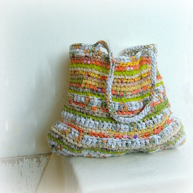 Eco friendly large green and orange rag crochet  fabric and plarn bag with long straps