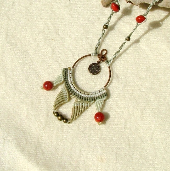 Isis necklace - free form macrame beaded necklace in white and beige with red coral beads