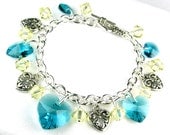 Teal and Yellow Swarovski Crystal Heart Charm Bracelet