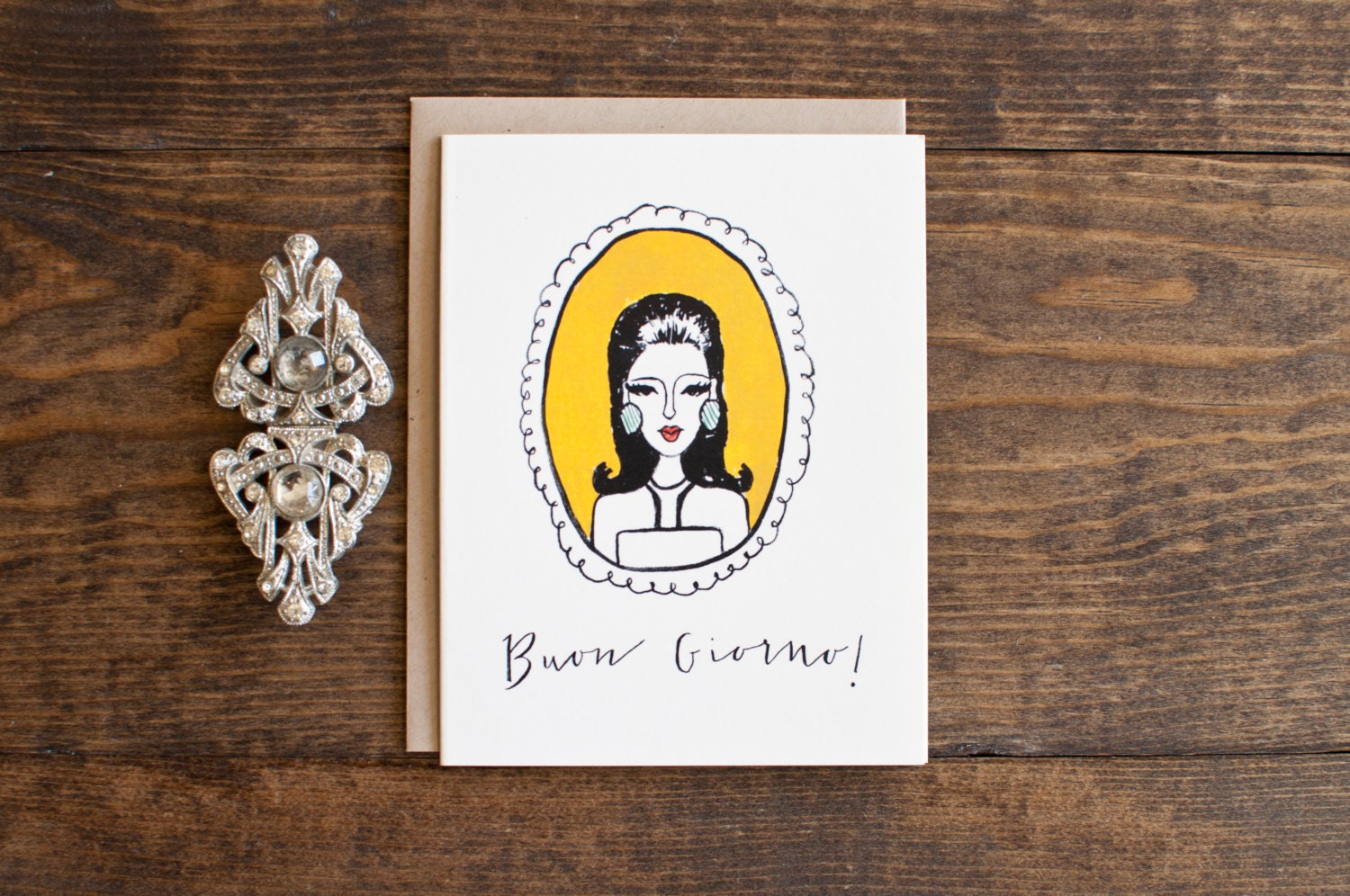 Buon Giorno mod lady illustrated card, Italian style stationery