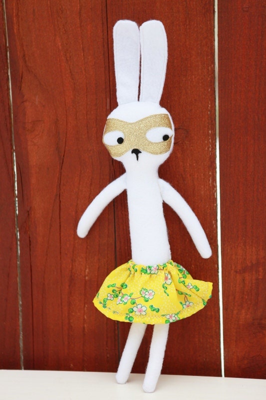 Anne Super Hero Bunny - Imaginative Play Doll- Felt Bunny Dressed with gold mask, yellow floral skirt, & coordinating cape.