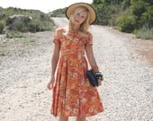 VTG 1950s 50s Orange Floral Empire Waist Dress w/ Bow S