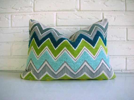 Modern Throw Pillow Cover - Schumacher Zenyatta Mondatta in Peacock - Gray Chevron