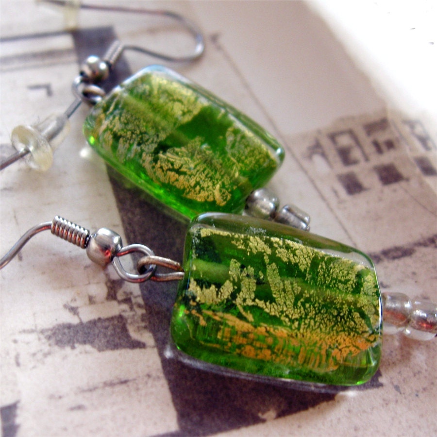 Green and Gold Glass Earrings