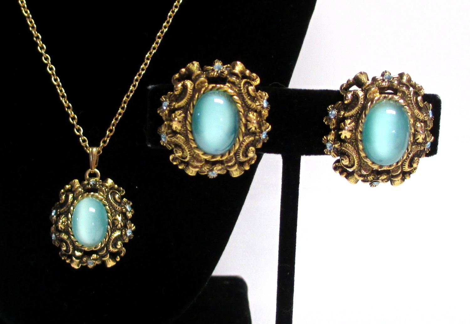 Rare Sarah Coventry "CZARINA" Teal Rhinestones and Cabochon Teal Moonstone, Necklace and Earrings