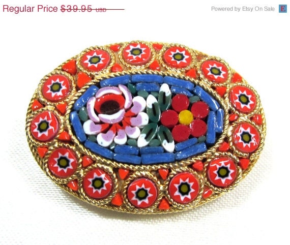 BIG SALE Vintage Italy  Micro-mosaic Pin Brooch , Beautiful Floral Design, Red,Yellow, White, Blue, Lavender