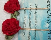 Ruby Red Ribbon Rose Bobby Pins